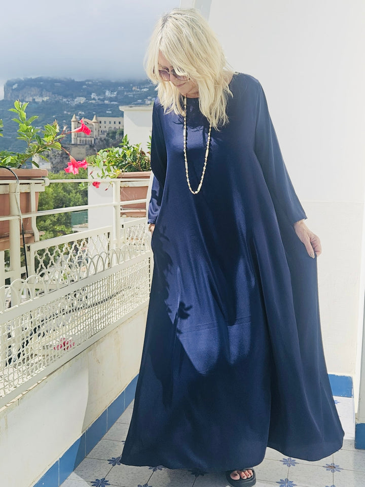 Long Sleeved Satin Dress Navy