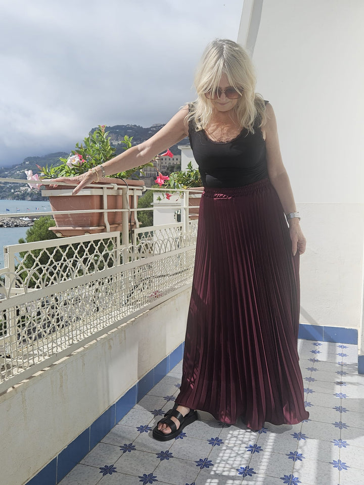 Satin Pleated Skirt Wine