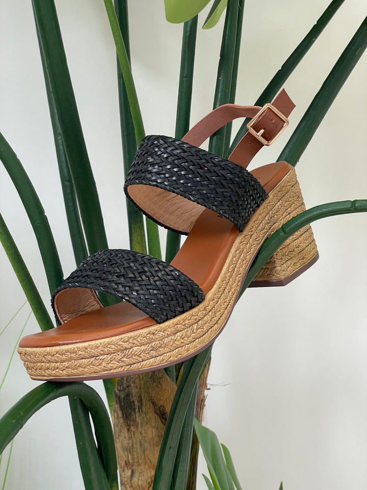 Woven Block Heel Sandals Black