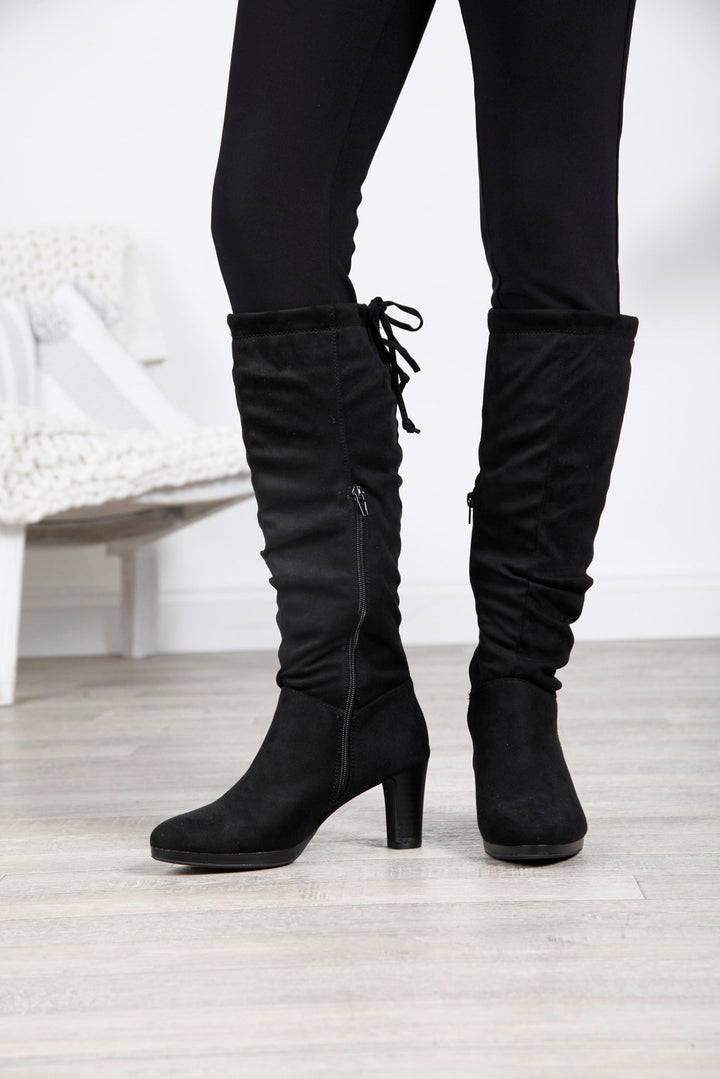 Black Slouch Knee High Heeled Boots - Goose Island