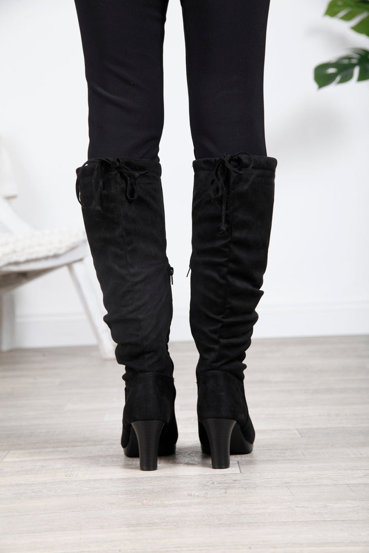 Black Slouch Knee High Heeled Boots - Goose Island