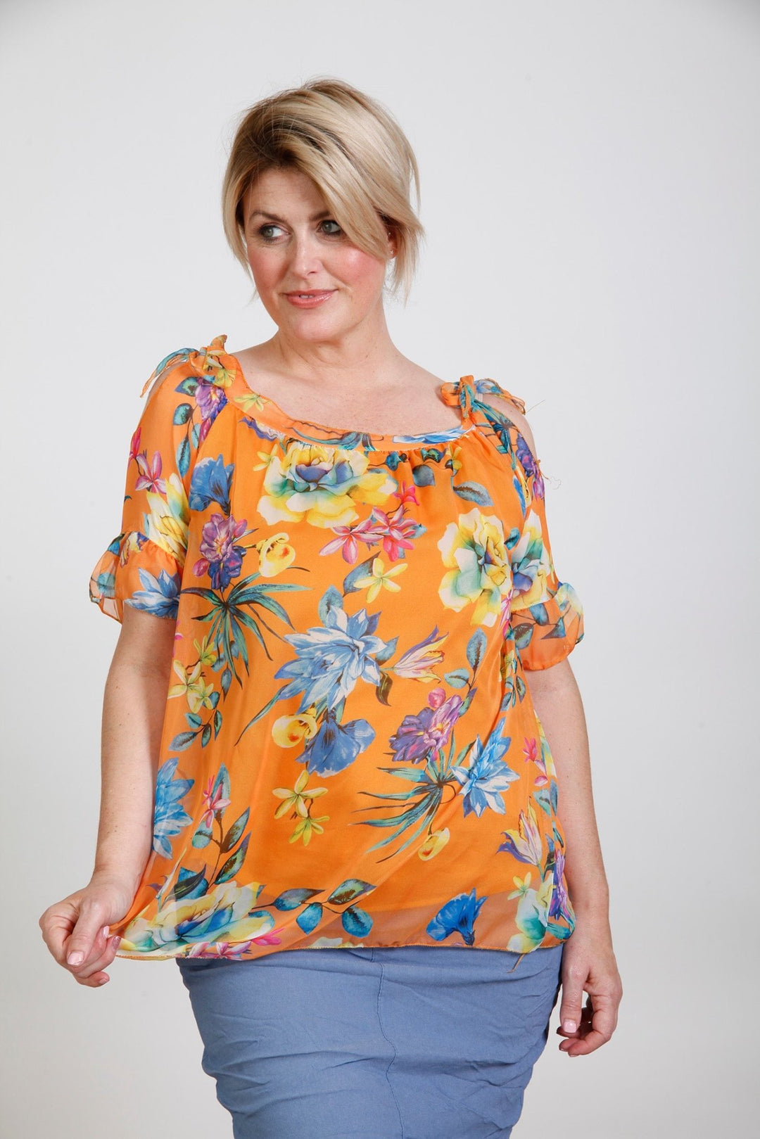 Fleur Floral Chiffon Tie Top Tangerine - Goose Island