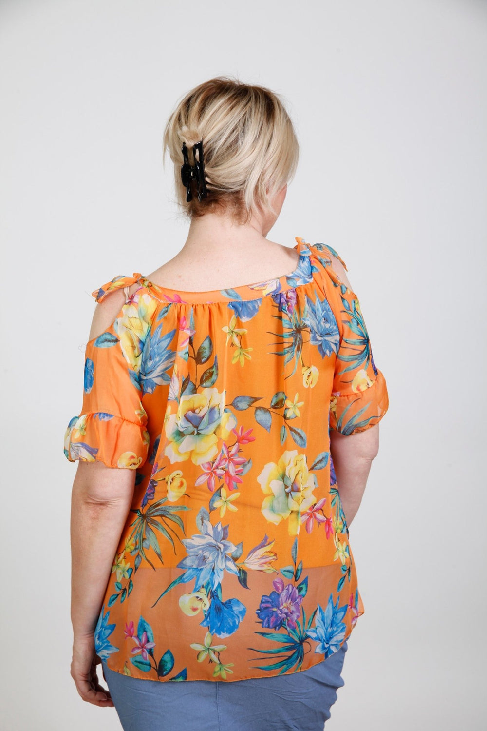 Fleur Floral Chiffon Tie Top Tangerine - Goose Island