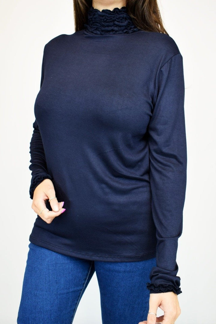 Ruffle Polo Neck Top - Goose Island