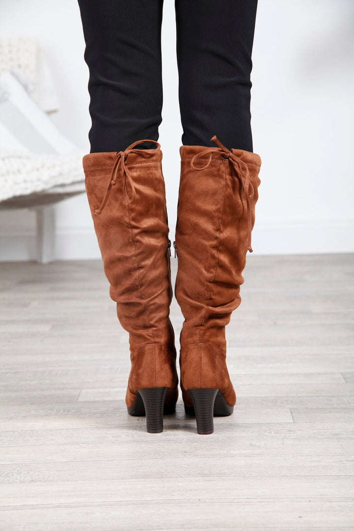 Tan Slouch Knee High Heeled Boots - Goose Island