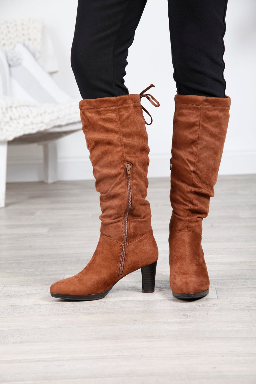 Tan Slouch Knee High Heeled Boots - Goose Island