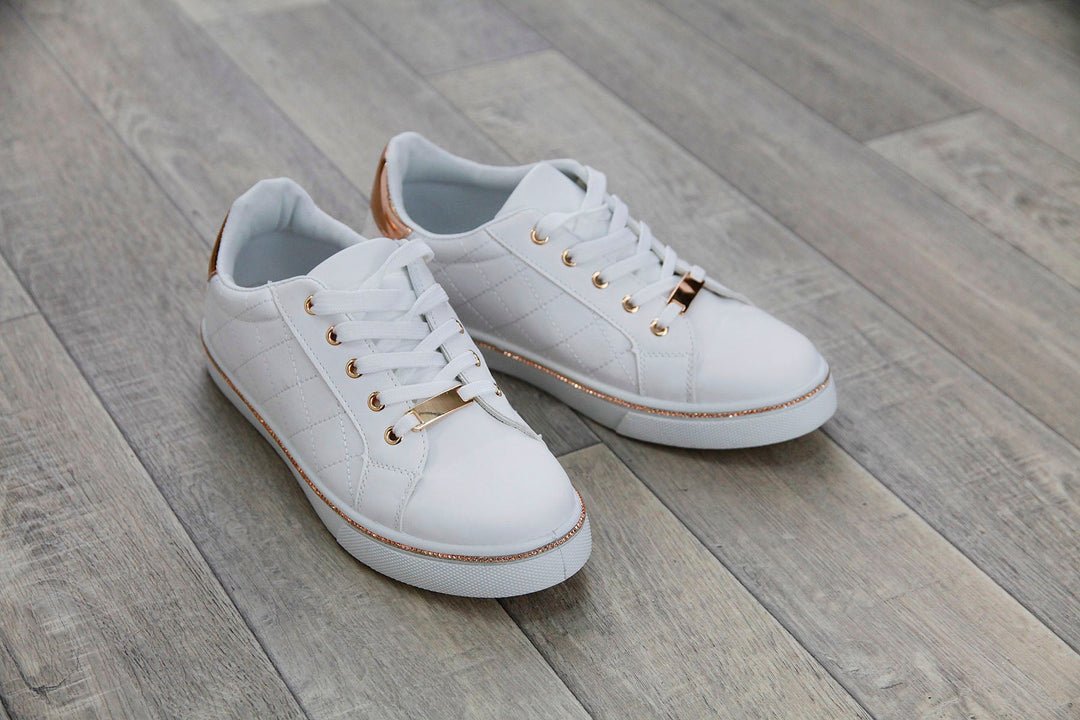 White & Rose Gold Quilted Trainers - Goose Island