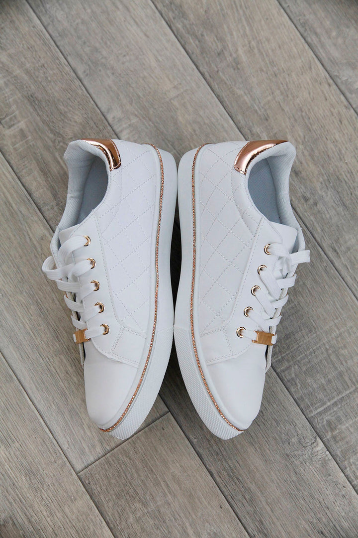 White & Rose Gold Quilted Trainers - Goose Island