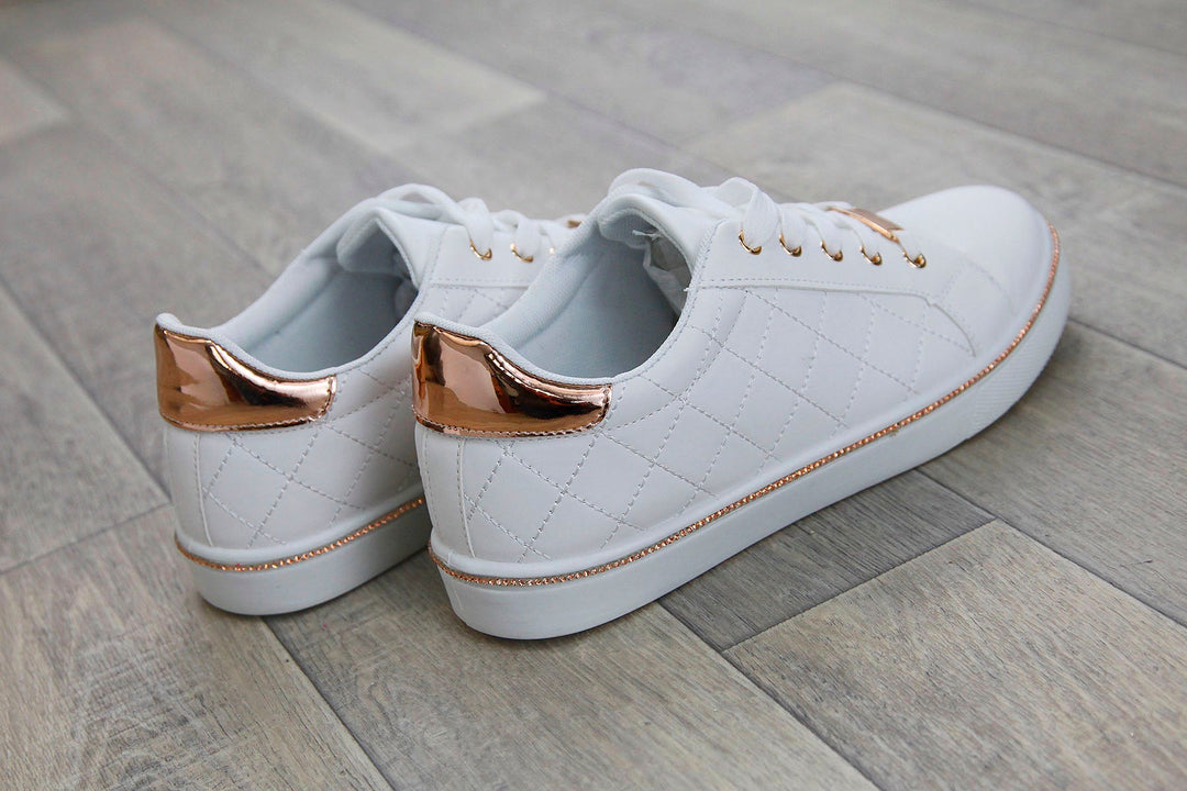 White & Rose Gold Quilted Trainers - Goose Island