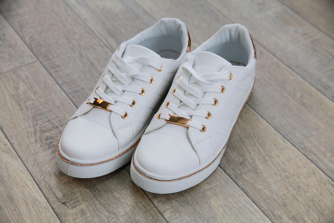 White & Rose Gold Quilted Trainers - Goose Island